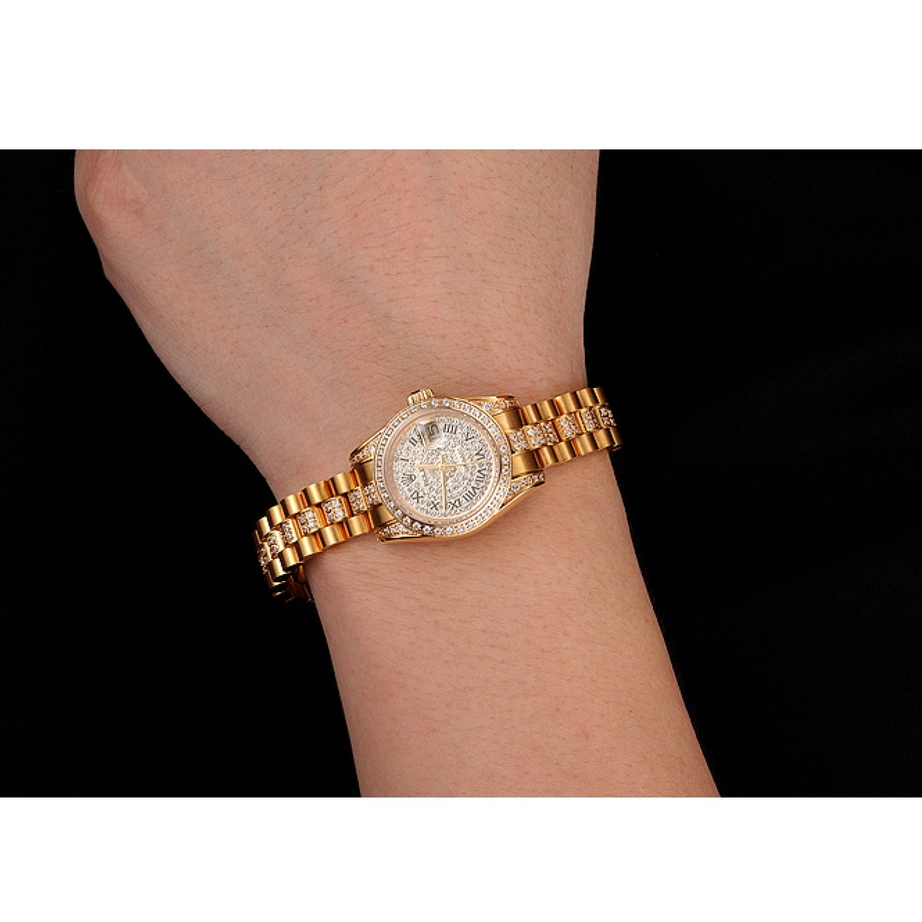 Aaa replica watch Gold Diamond Rolex Diamond 1453955 Pave Bracelet Dial DayJust Swiss 0523